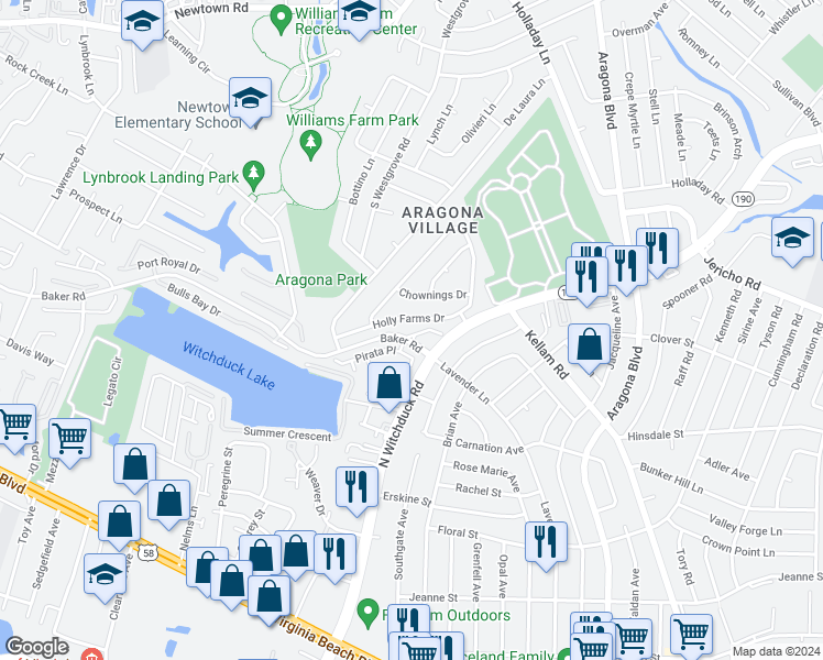 map of restaurants, bars, coffee shops, grocery stores, and more near 5140 Chayote Court in Virginia Beach