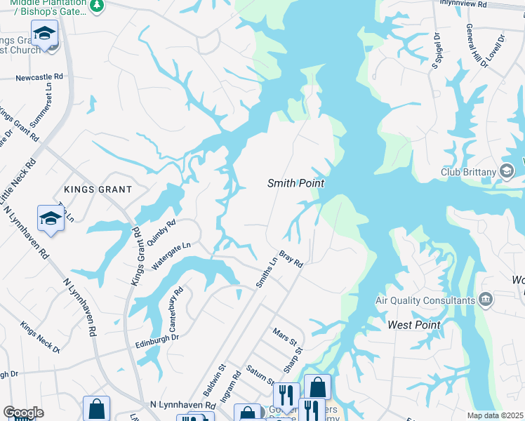 map of restaurants, bars, coffee shops, grocery stores, and more near 3037 Bray Road in Virginia Beach