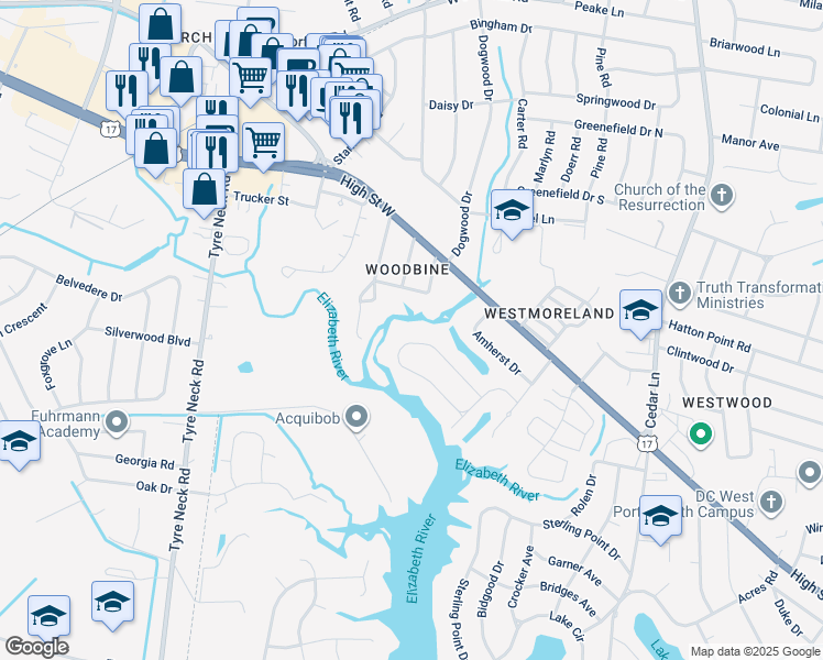 map of restaurants, bars, coffee shops, grocery stores, and more near 5223 Sweetbriar Circle in Portsmouth