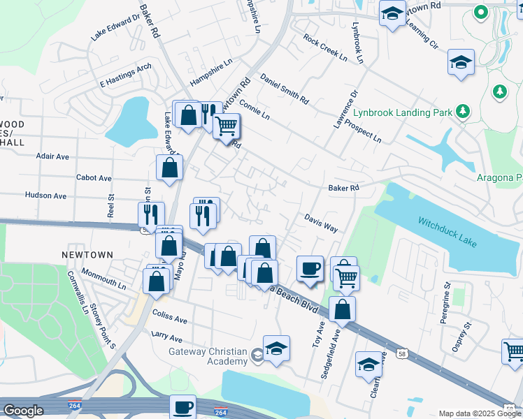 map of restaurants, bars, coffee shops, grocery stores, and more near 523 Pier Court in Virginia Beach