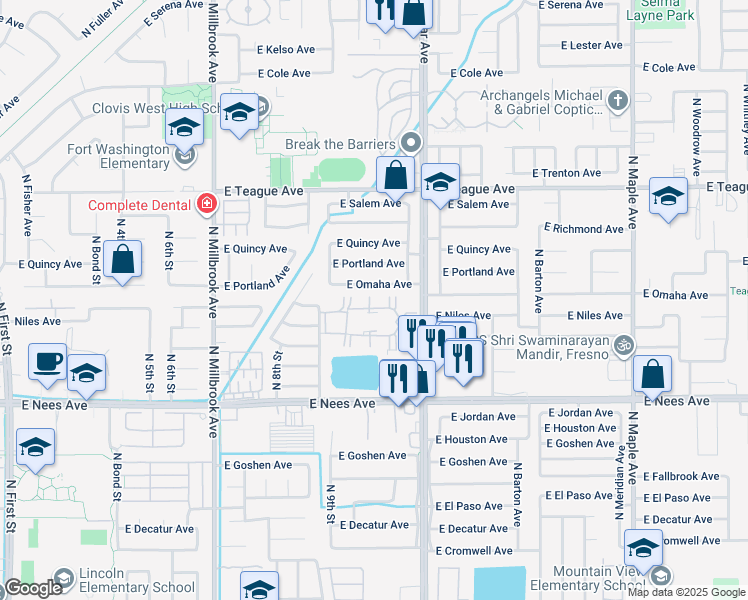 map of restaurants, bars, coffee shops, grocery stores, and more near 8153 North Cedar Avenue in Fresno