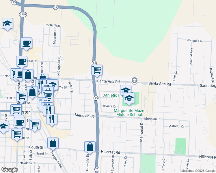 map of restaurants, bars, coffee shops, grocery stores, and more near 690 Le Mans Drive in Hollister