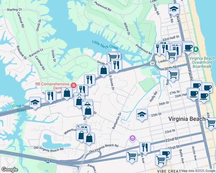 map of restaurants, bars, coffee shops, grocery stores, and more near 1036 Draketail Lane in Virginia Beach