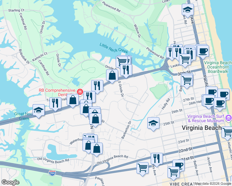 map of restaurants, bars, coffee shops, grocery stores, and more near 633 Piney Branch Drive in Virginia Beach