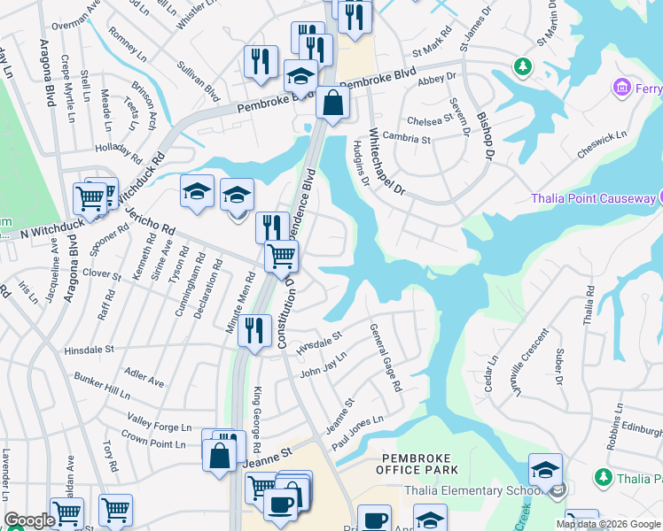 map of restaurants, bars, coffee shops, grocery stores, and more near 612 Liberty Bell Road in Virginia Beach