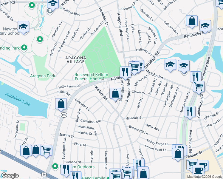 map of restaurants, bars, coffee shops, grocery stores, and more near 4943 Clover Street in Virginia Beach