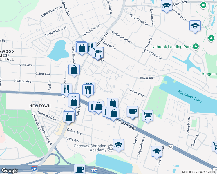 map of restaurants, bars, coffee shops, grocery stores, and more near 5625 Landfall Drive in Virginia Beach