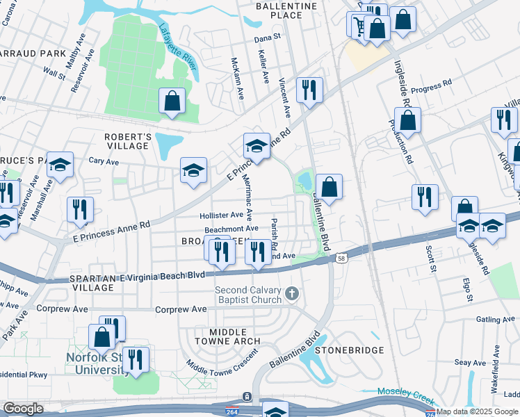 map of restaurants, bars, coffee shops, grocery stores, and more near 2911 Hollister Avenue in Norfolk