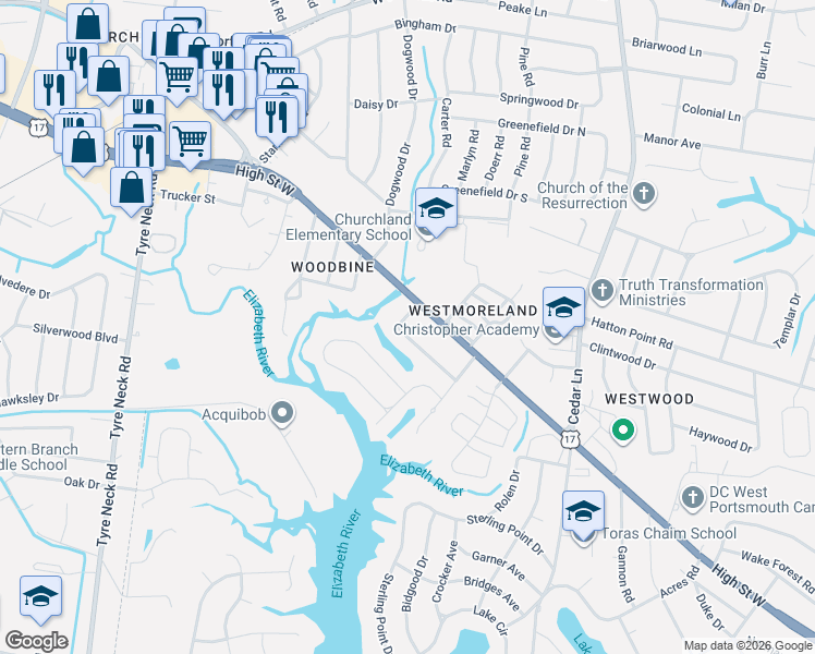 map of restaurants, bars, coffee shops, grocery stores, and more near 5217 Amherst Drive in Portsmouth