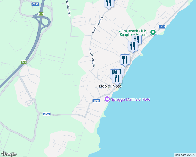 map of restaurants, bars, coffee shops, grocery stores, and more near Strada Provinciale 59 in Lido di Noto