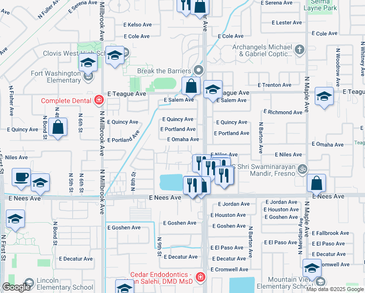 map of restaurants, bars, coffee shops, grocery stores, and more near 8153 North Cedar Avenue in Fresno