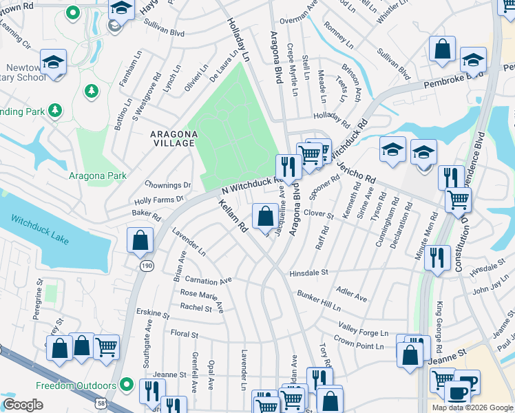 map of restaurants, bars, coffee shops, grocery stores, and more near 4943 Clover Street in Virginia Beach