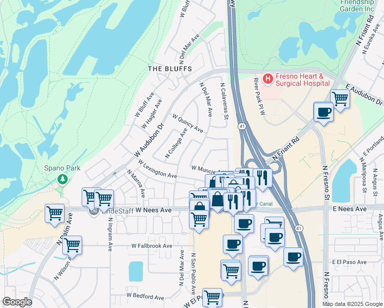 map of restaurants, bars, coffee shops, grocery stores, and more near 8237 North Del Mar Avenue in Fresno
