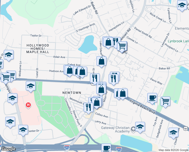 map of restaurants, bars, coffee shops, grocery stores, and more near 6656 East Virginia Beach Boulevard in Norfolk