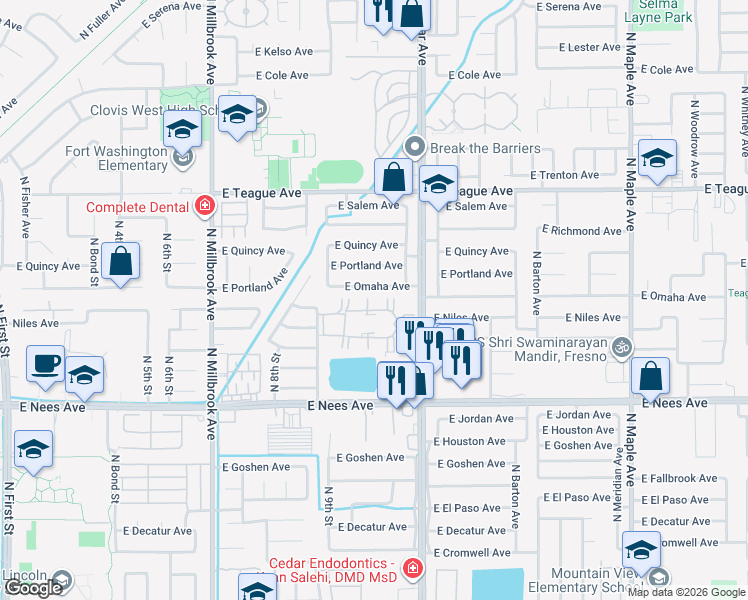 map of restaurants, bars, coffee shops, grocery stores, and more near 8153 North Cedar Avenue in Fresno