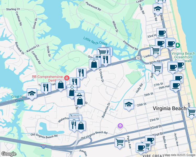 map of restaurants, bars, coffee shops, grocery stores, and more near 1029 Draketail Lane in Virginia Beach
