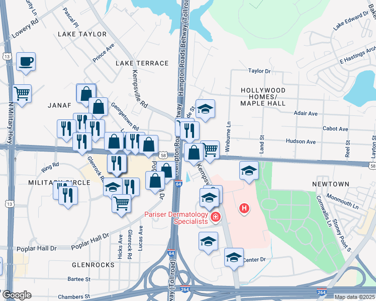 map of restaurants, bars, coffee shops, grocery stores, and more near Virginia Beach Boulevard in Virginia Beach