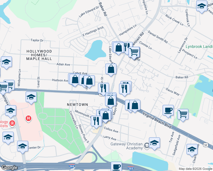 map of restaurants, bars, coffee shops, grocery stores, and more near 6656 East Virginia Beach Boulevard in Norfolk
