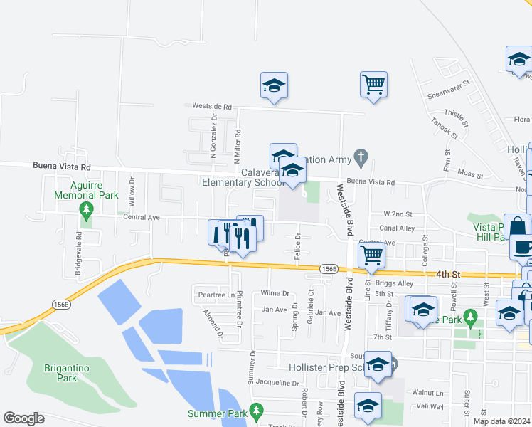 map of restaurants, bars, coffee shops, grocery stores, and more near 201 Madera Court in Hollister