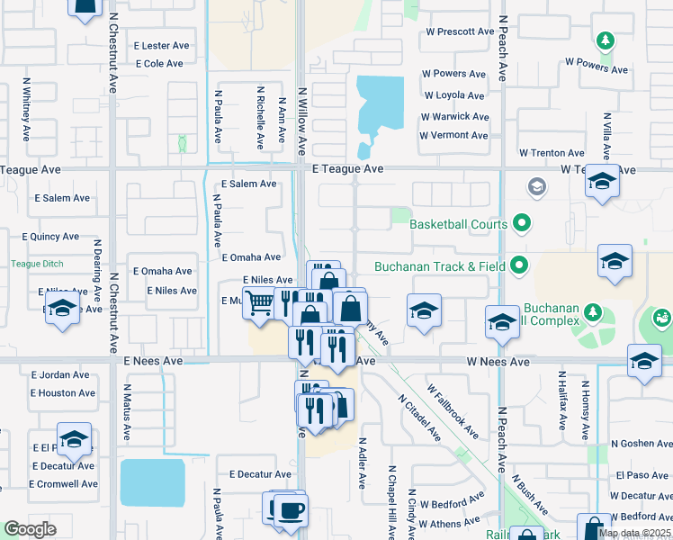 map of restaurants, bars, coffee shops, grocery stores, and more near 738 West Enterprise Avenue in Clovis