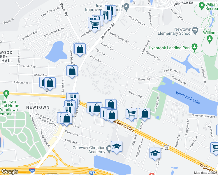 map of restaurants, bars, coffee shops, grocery stores, and more near 503 Pier Court in Virginia Beach