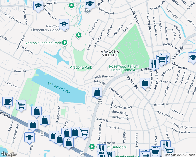 map of restaurants, bars, coffee shops, grocery stores, and more near 5105 Maracas Arch in Virginia Beach