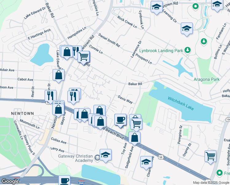 map of restaurants, bars, coffee shops, grocery stores, and more near 505 Davis Street in Virginia Beach