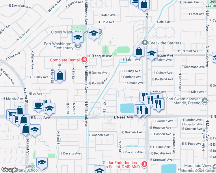 map of restaurants, bars, coffee shops, grocery stores, and more near 8195 North Yorktown Drive in Fresno