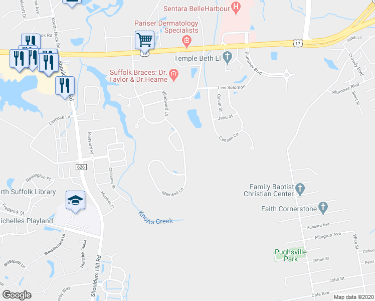 map of restaurants, bars, coffee shops, grocery stores, and more near 6019 Mainsail Lane in Suffolk