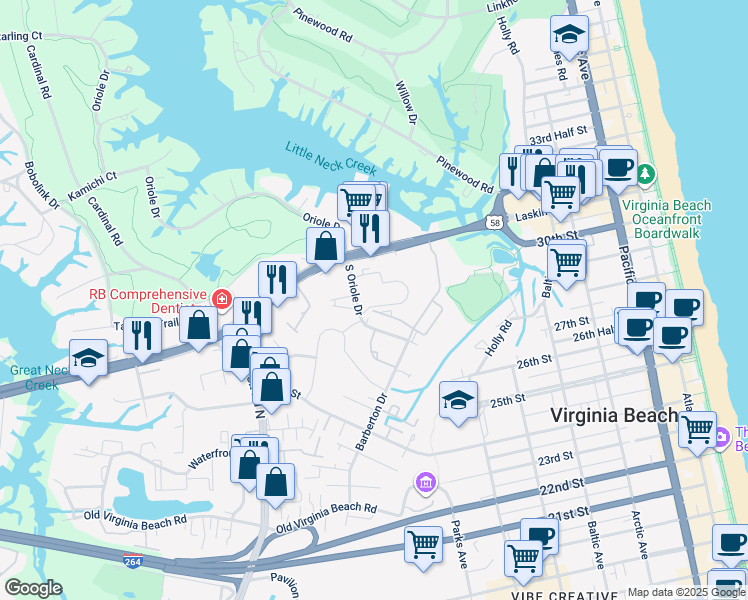 map of restaurants, bars, coffee shops, grocery stores, and more near 914 South Oriole Circle in Virginia Beach