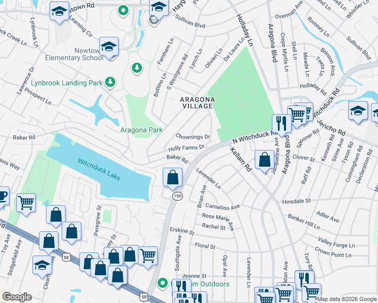 map of restaurants, bars, coffee shops, grocery stores, and more near 5105 Maracas Arch in Virginia Beach