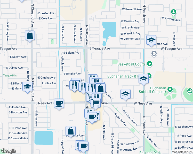 map of restaurants, bars, coffee shops, grocery stores, and more near 738 West Enterprise Avenue in Clovis