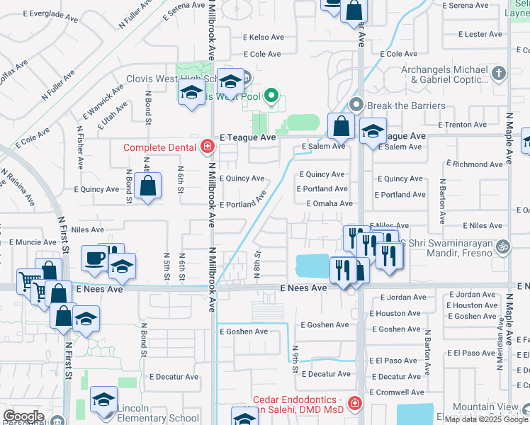 map of restaurants, bars, coffee shops, grocery stores, and more near 8195 North Yorktown Drive in Fresno