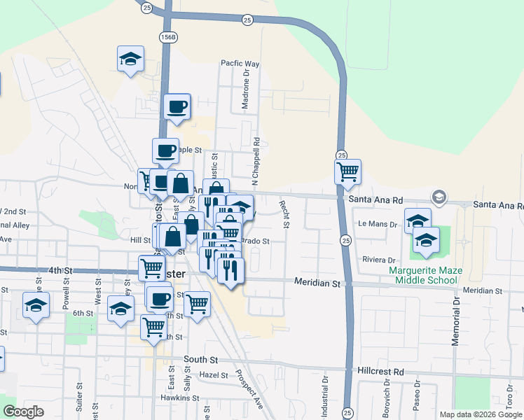 map of restaurants, bars, coffee shops, grocery stores, and more near 150 Casten Court in Hollister