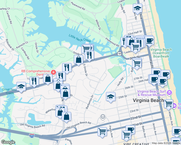 map of restaurants, bars, coffee shops, grocery stores, and more near 932 South Oriole Drive in Virginia Beach