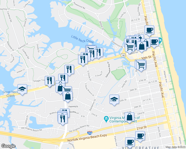 map of restaurants, bars, coffee shops, grocery stores, and more near 932 South Oriole Drive in Virginia Beach