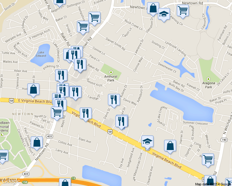 map of restaurants, bars, coffee shops, grocery stores, and more near 505 Davis Street in Virginia Beach