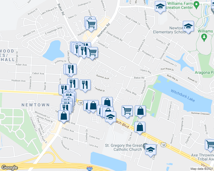 map of restaurants, bars, coffee shops, grocery stores, and more near 5510 Seawall Court in Virginia Beach