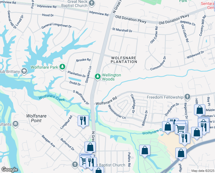 map of restaurants, bars, coffee shops, grocery stores, and more near 700 Earl of Warwick Court in Virginia Beach