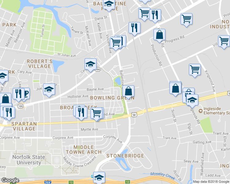 map of restaurants, bars, coffee shops, grocery stores, and more near 1240 Godfrey Avenue in Norfolk