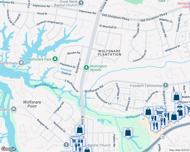 map of restaurants, bars, coffee shops, grocery stores, and more near 700 Earl of Warwick Court in Virginia Beach
