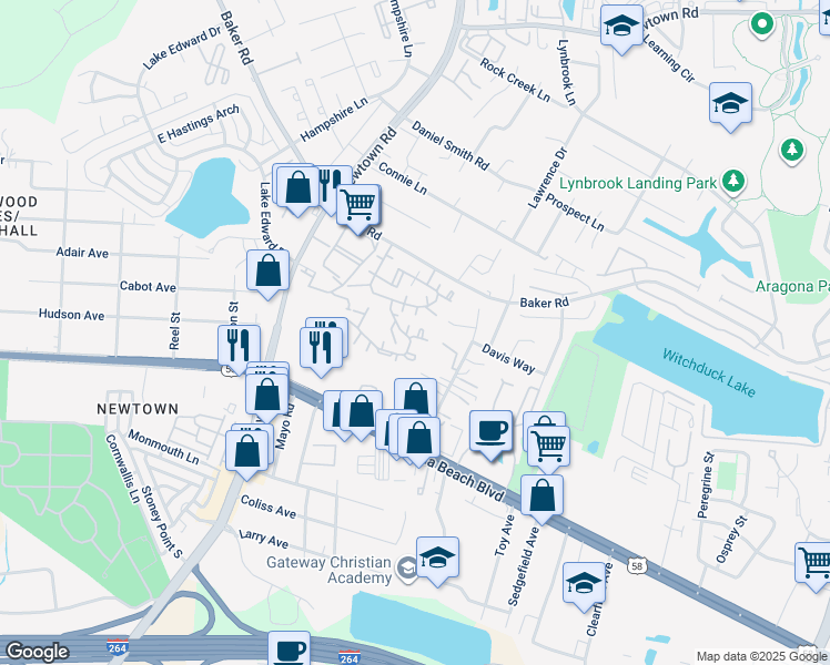 map of restaurants, bars, coffee shops, grocery stores, and more near 527 Pier Court in Virginia Beach
