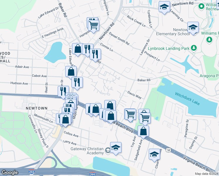 map of restaurants, bars, coffee shops, grocery stores, and more near 521 Pier Court in Virginia Beach