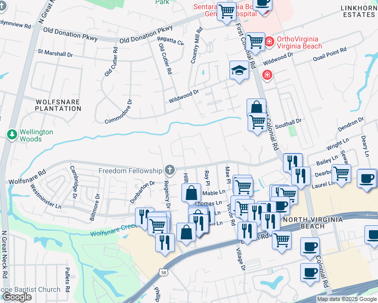 map of restaurants, bars, coffee shops, grocery stores, and more near 1864 Piankatank Lane in Virginia Beach