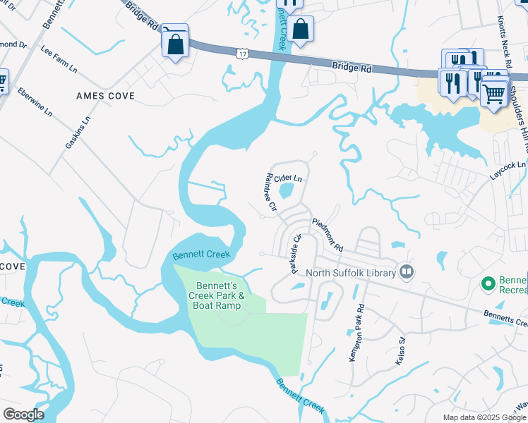 map of restaurants, bars, coffee shops, grocery stores, and more near 3316 Forsythia Court in Suffolk