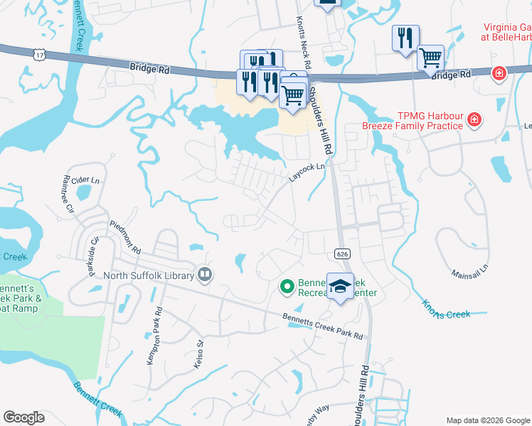 map of restaurants, bars, coffee shops, grocery stores, and more near 6056 Newington Place in Suffolk