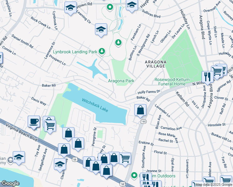 map of restaurants, bars, coffee shops, grocery stores, and more near 616 Edisto Court in Virginia Beach
