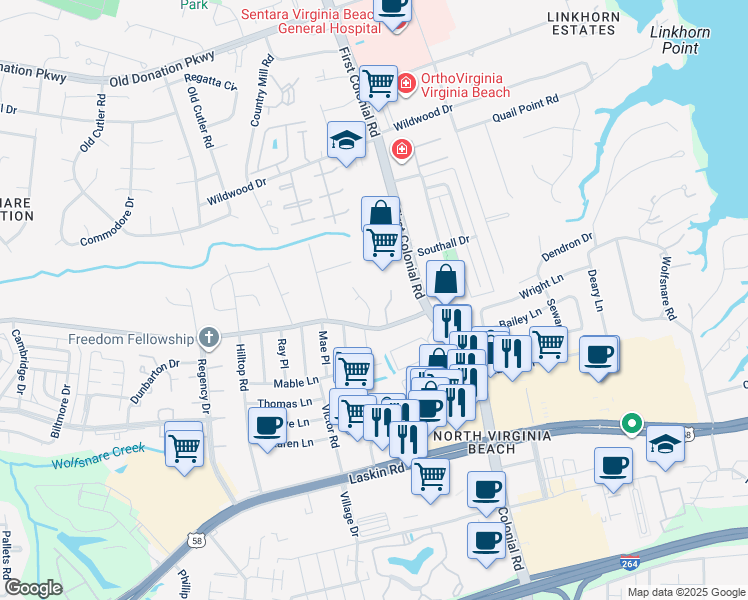 map of restaurants, bars, coffee shops, grocery stores, and more near 912 Glenfield Court in Virginia Beach