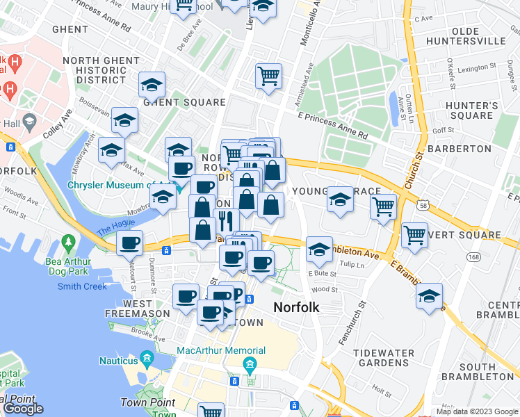 map of restaurants, bars, coffee shops, grocery stores, and more near 746 Granby Street in Norfolk
