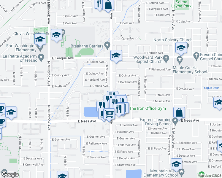 map of restaurants, bars, coffee shops, grocery stores, and more near N Cedar Ave & E Omaha Ave in Fresno